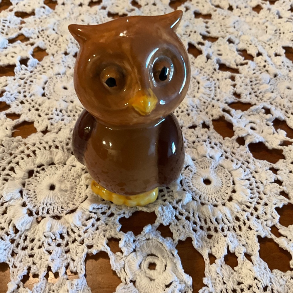 Vintage Ceramic Owl Figurine Brown & Yellow Decorative Collectible‎ Bird Statue